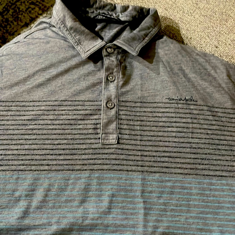 Men’s Travis Matthew polo, size XL, grey with navy and light blue stripe chest